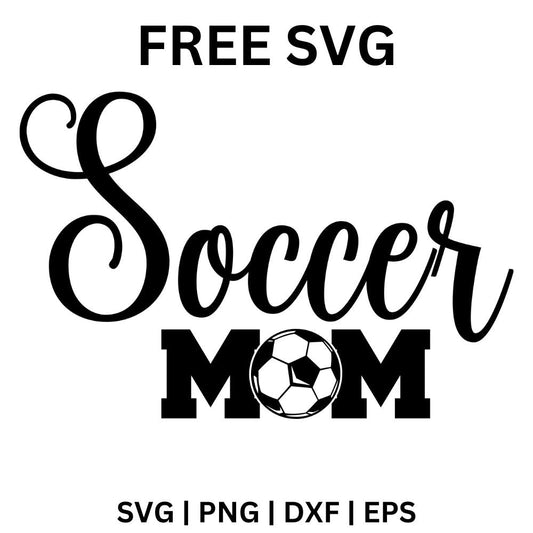 Large swirly handwritten Soccer script above wide block Mom letters with a soccer ball in place of the O, free soccer mom SVG cut file preview.