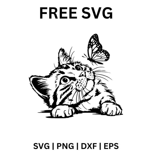 Black sketch of a striped tabby kitten lying down and looking up at a butterfly landing on its nose, free kitten and butterfly SVG cut file preview.