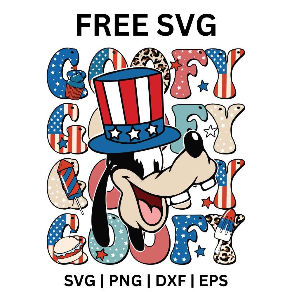 Tall cartoon dog with buck teeth in a stars and stripes top hat over repeating flag and leopard patterned letters, free patriotic goofy dog SVG cut file preview.