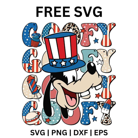 Tall cartoon dog with buck teeth in a stars and stripes top hat over repeating flag and leopard patterned letters, free patriotic goofy dog SVG cut file preview.