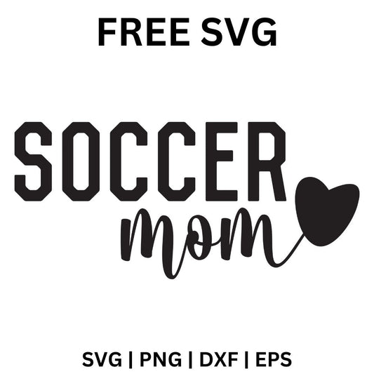 Tall condensed Soccer block text with lowercase mom script and a black heart on the right, free soccer mom SVG cut file preview.