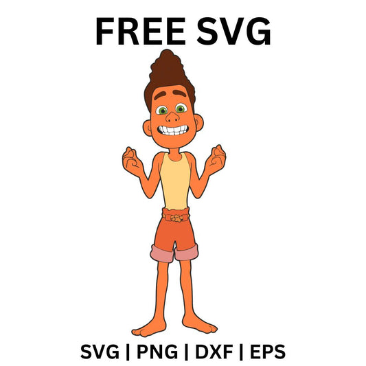 Carefree cartoon boy with curly brown hair, tank top and red shorts shrugging with a big grin, free summer boy SVG cut file preview.