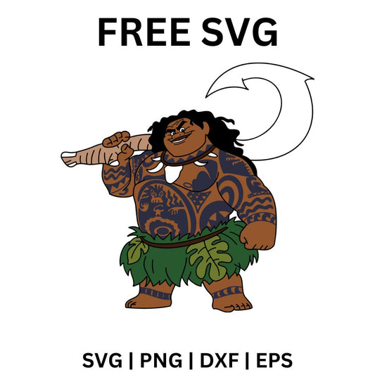 Burly tattooed island giant with wild curly hair and a leaf skirt carrying a huge carved fish hook over his shoulder, free island hero SVG cut file preview.