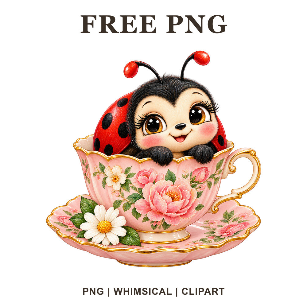 Cute ladybug clipart peeking out of a pink floral teacup with gold trim and a white daisy, free tea party PNG