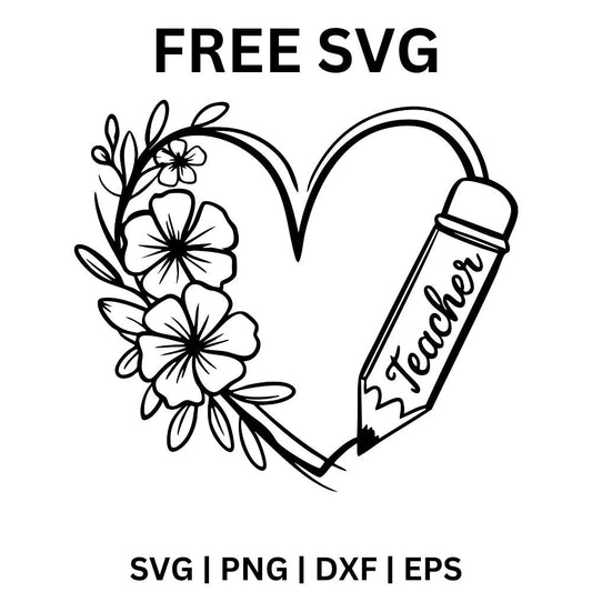 Black line art heart formed by a pencil with Teacher written on it and a cluster of flowers and leaves on one side, free teacher heart SVG cut file preview.