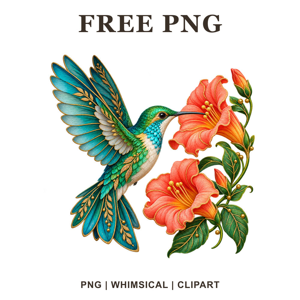 Teal and green hummingbird sipping from coral orange trumpet flowers with green leaves, free hummingbird PNG