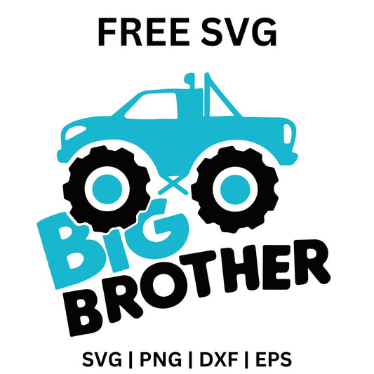 Teal monster truck with huge black tires on top of bold teal Big Brother lettering, free monster truck big brother SVG cut file preview.