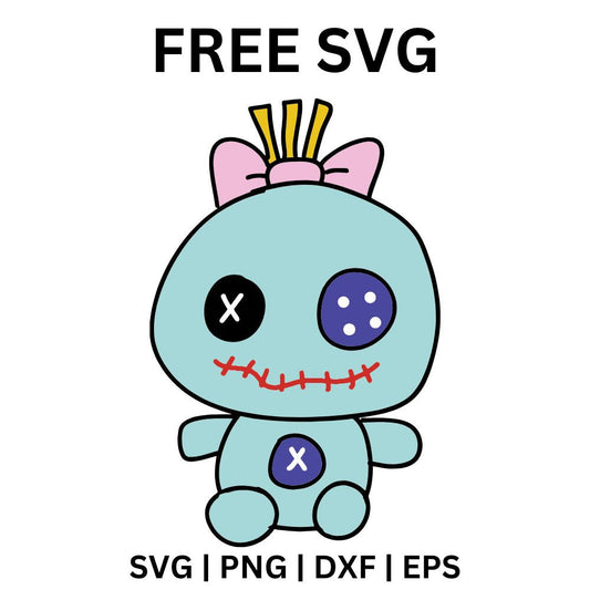 Teal stitched rag doll with mismatched button eyes, a red stitched smile and a pink bow on top, free rag doll plushie SVG cut file preview.