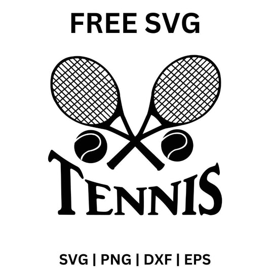 Black crossed tennis rackets with a ball on each side above bold serif TENNIS lettering, free tennis rackets SVG cut file preview.
