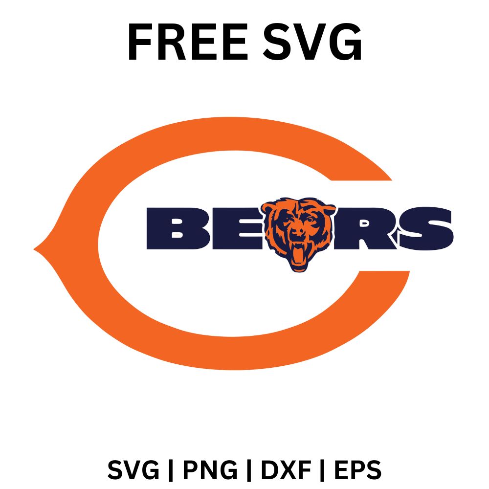 Thick orange letter C ring around navy block lettering with an orange bear head in place of one letter, free orange C bear text SVG cut file preview.