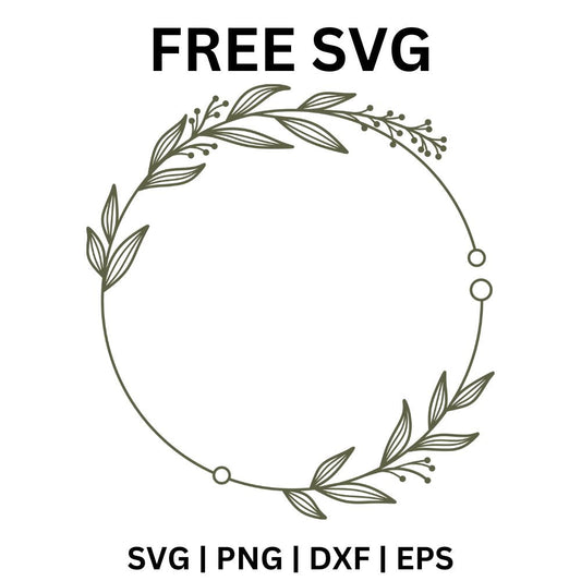 Thin circle ring with slender leafy stems on the top left and bottom right and small dot accents, free greenery circle frame SVG cut file preview.