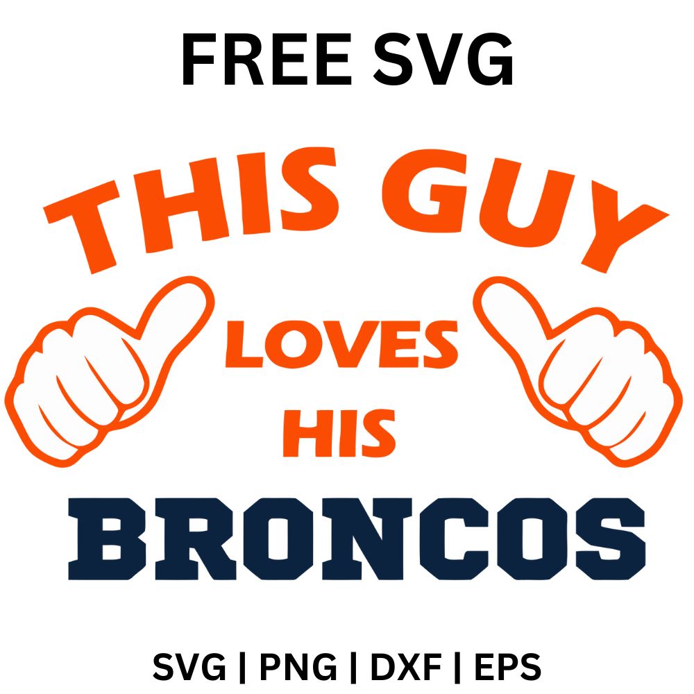 Arched orange this guy loves his lettering with two thumbs pointing inward above a bold navy team word, free this guy loves football fan SVG cut file preview.
