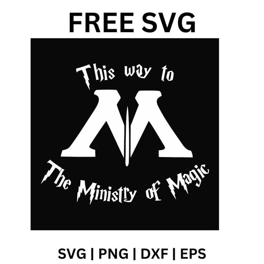 Black square sign with a bold white wand crossed M emblem and spiky lettering pointing the way to the magic ministry, free wizard direction sign SVG cut file preview.