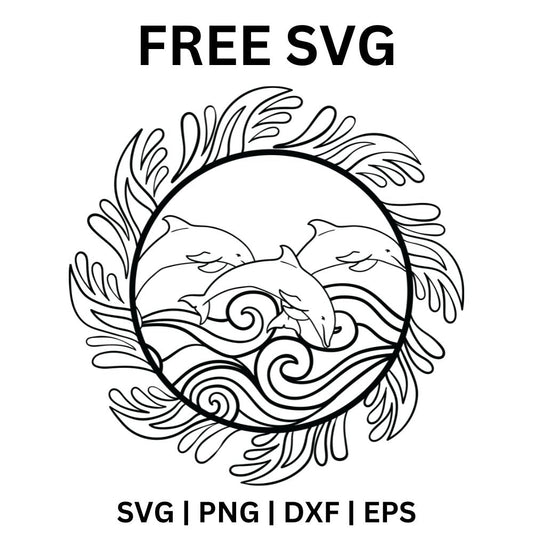 Black line art circle of three leaping dolphins over curling ocean waves with a ring of swirling water around it, free dolphin waves SVG cut file preview.