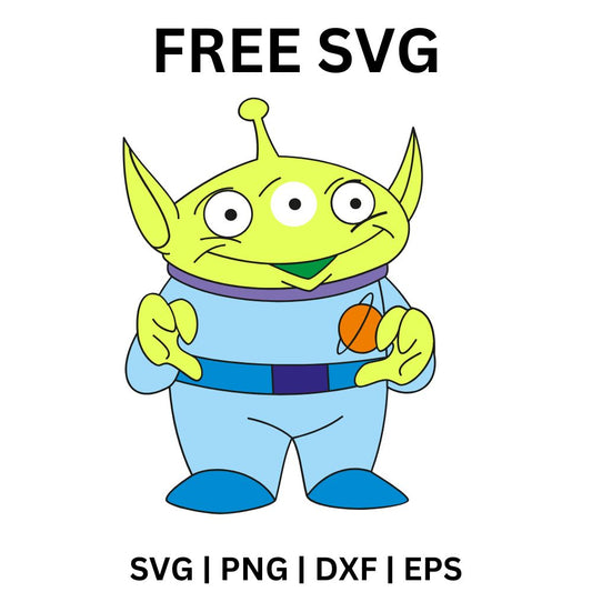 Cute three eyed green alien with an antenna wearing a blue space suit with an orange button, free green alien SVG cut file preview.