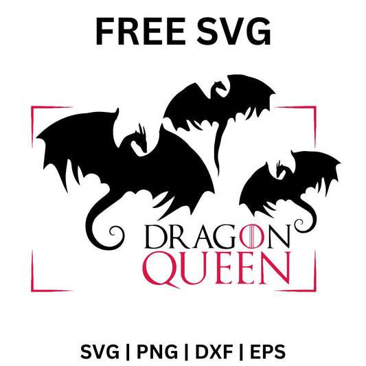 Three black flying dragons with bat wings above black and pink Dragon Queen serif lettering inside pink corner brackets, free dragon queen SVG cut file preview.