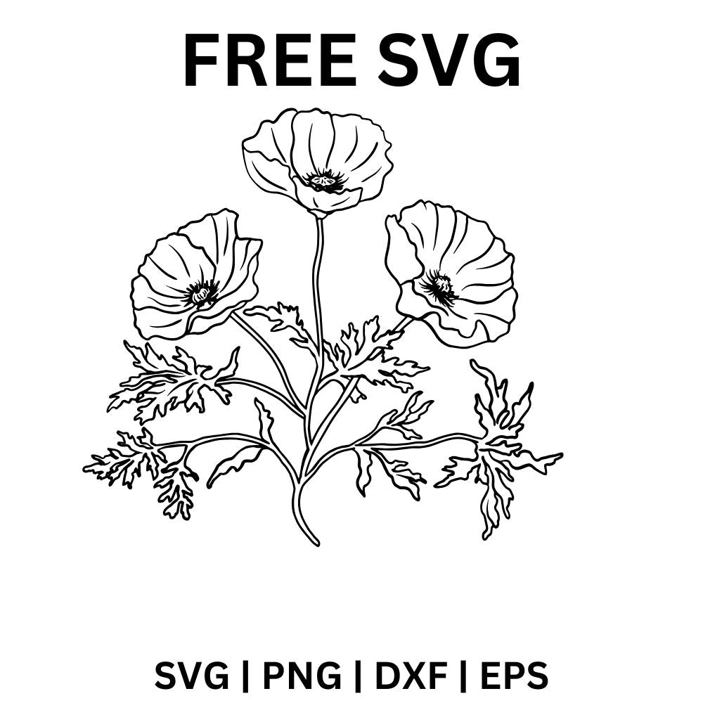Black line art bunch of three poppy flowers on tall stems with feathery leaves, free poppy flower SVG cut file preview.