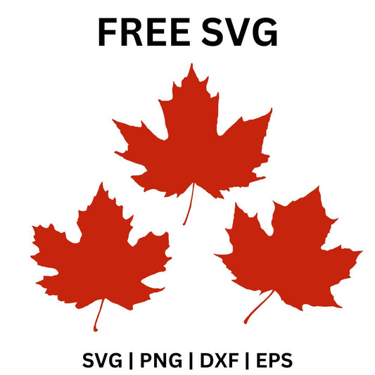 Three solid red maple leaves with long stems arranged in a triangle, free red maple leaf autumn SVG cut file preview.