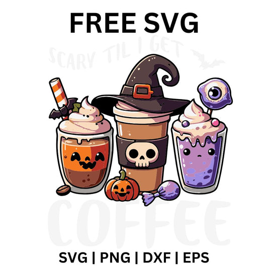 Three iced coffee drinks with a pumpkin face, a skull in a witch hat and a purple eyeball topping, free spooky Halloween coffee SVG cut file preview.