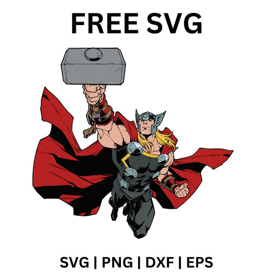 Long-haired thunder hero in silver armor and a red cape flying upward while raising a giant square hammer, free thunder hero SVG cut file preview.