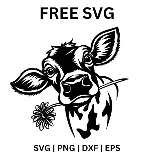 Tilted spotted cow head with fluffy bangs holding a daisy flower stem in its mouth, free cow with daisy SVG cut file preview.