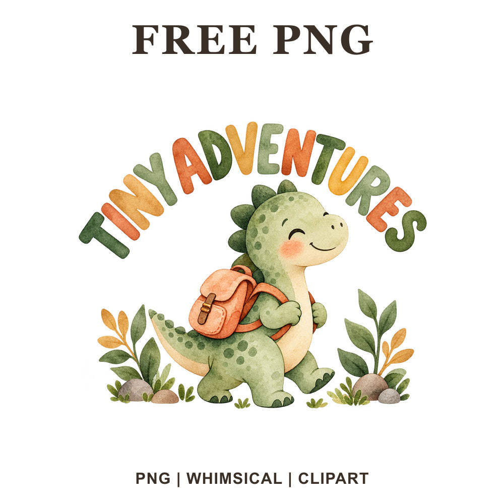 Smiling green baby dinosaur with an orange backpack among plants under arched Tiny Adventures lettering, free baby onesie PNG clipart preview.