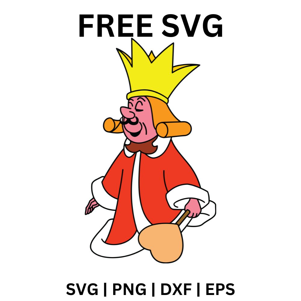 Tiny cartoon card king with a huge yellow crown, curly orange hair and a red robe with white fur trim smiling sheepishly, free card king SVG cut file preview.