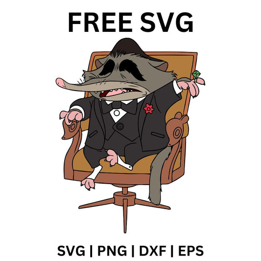 Tiny cartoon mob boss shrew in a black tuxedo with a red flower sitting in a big brown office chair, free mob boss shrew SVG cut file preview.