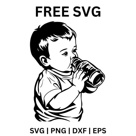Black and white detailed portrait of a toddler boy in a hoodie drinking from a baby bottle held in both hands, free baby bottle portrait SVG cut file preview.