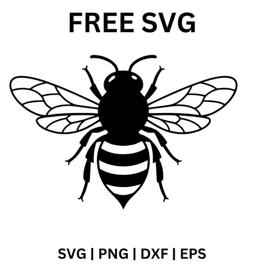 Top view black honey bee with a striped abdomen, six legs and detailed veined wings spread wide, free honey bee SVG cut file preview.