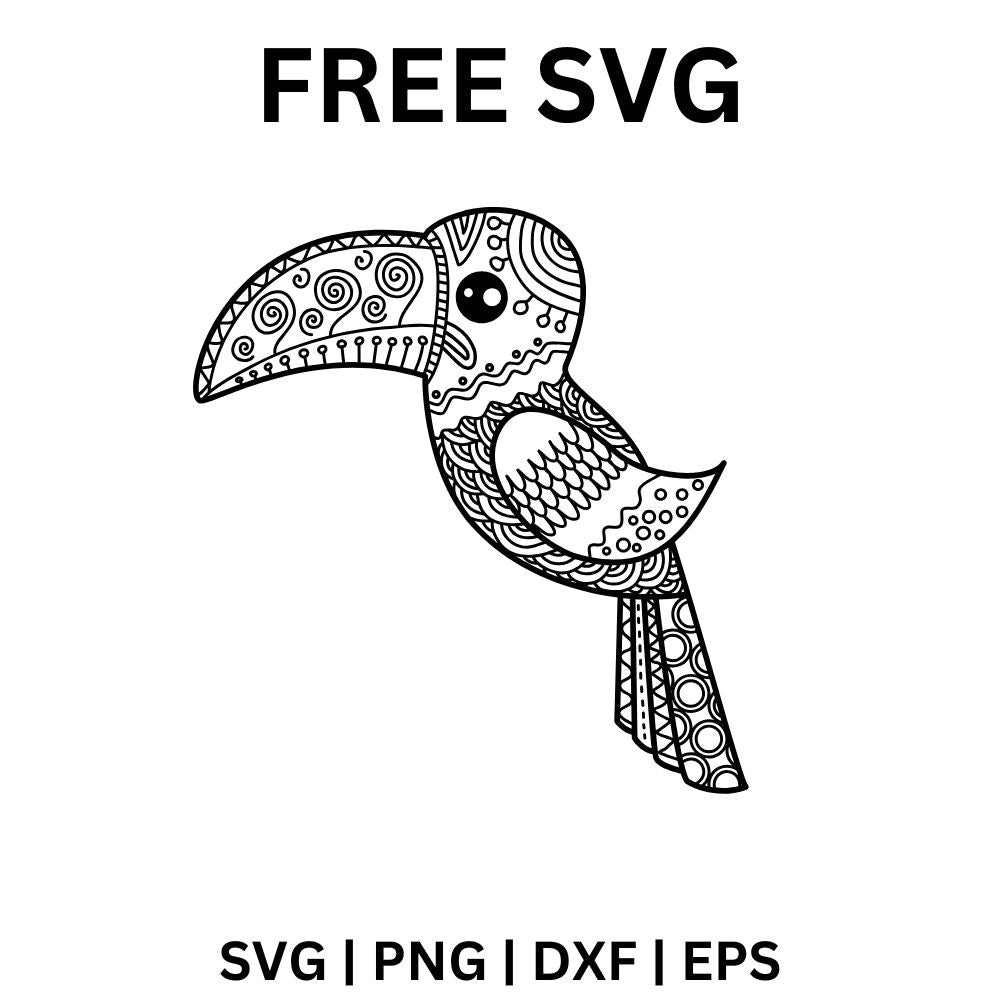 Black line art toucan with a large curved beak decorated with swirls, dots and zentangle patterns, free toucan bird SVG cut file preview.