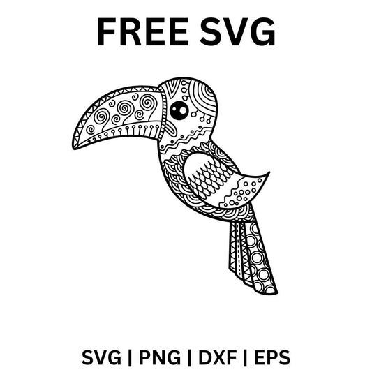 Black line art toucan with a large curved beak decorated with swirls, dots and zentangle patterns, free toucan bird SVG cut file preview.
