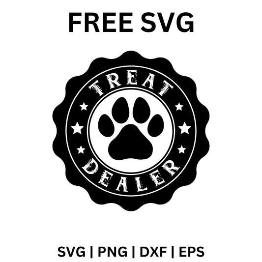Black scalloped round badge with TREAT DEALER lettering, two stars and a large paw print in a white center circle, free treat dealer SVG cut file preview.
