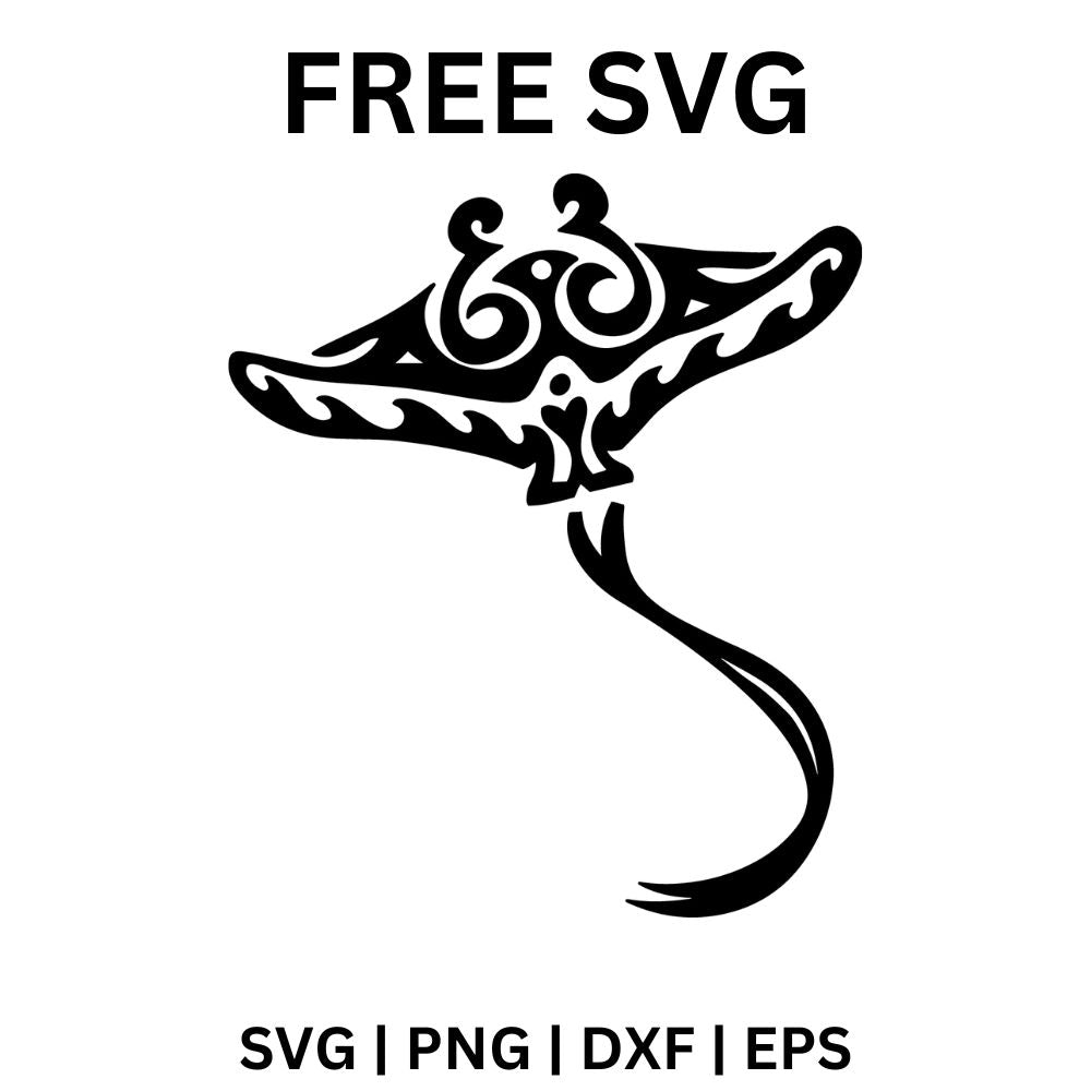 Black tribal style manta ray with swirling Polynesian patterns on its wings and a long curving tail, free tribal manta ray SVG cut file preview.