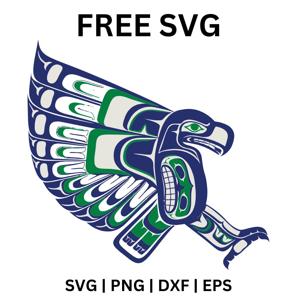 Tribal formline style eagle in navy, green and gray with outspread feathered wings, a hooked beak and clawed talons, free football eagle SVG cut file preview.