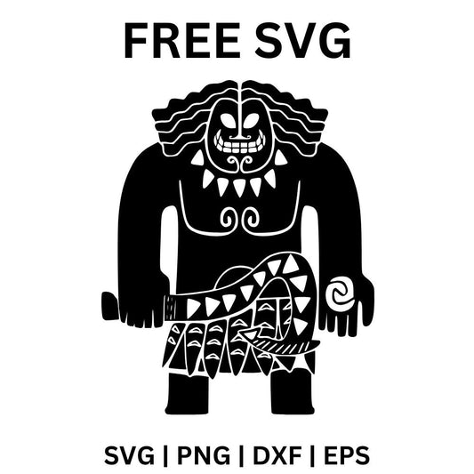 Black tiki style giant silhouette with a grimacing mask face, tooth necklace and tribal tattoo patterns, free tribal tiki SVG cut file preview.