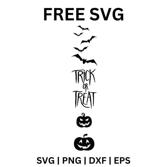 Black vertical Trick or Treat porch sign with a trail of flying bats above spooky lettering and two jack o lanterns below, free Halloween porch sign SVG cut file preview.