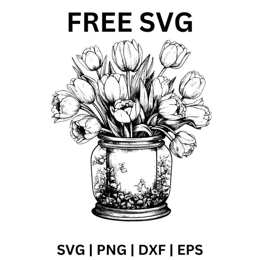 Black ink sketch of a full tulip bouquet in a glass jar decorated with tiny flowers, free tulips in jar SVG cut file preview.