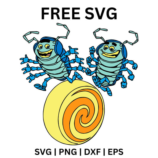 Two grinning blue cartoon pill bugs perched on top of a big round yellow and orange swirl ball, free cartoon bugs SVG cut file preview.