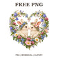 Two cream bunnies with flower crowns inside a heart shaped wreath of colorful wildflowers, free bunny heart PNG