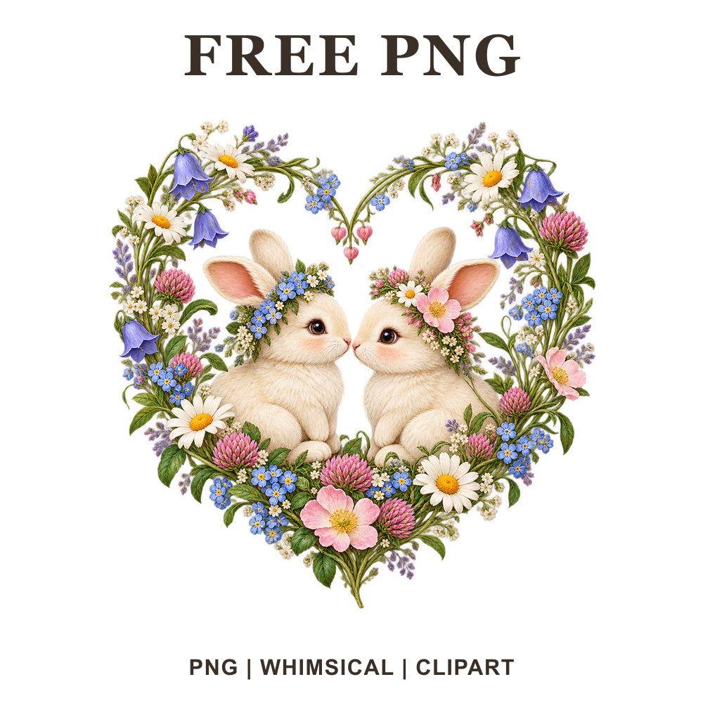 Two cream bunnies with flower crowns inside a heart shaped wreath of colorful wildflowers, free bunny heart PNG