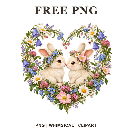Two cream bunnies with flower crowns inside a heart shaped wreath of colorful wildflowers, free bunny heart PNG