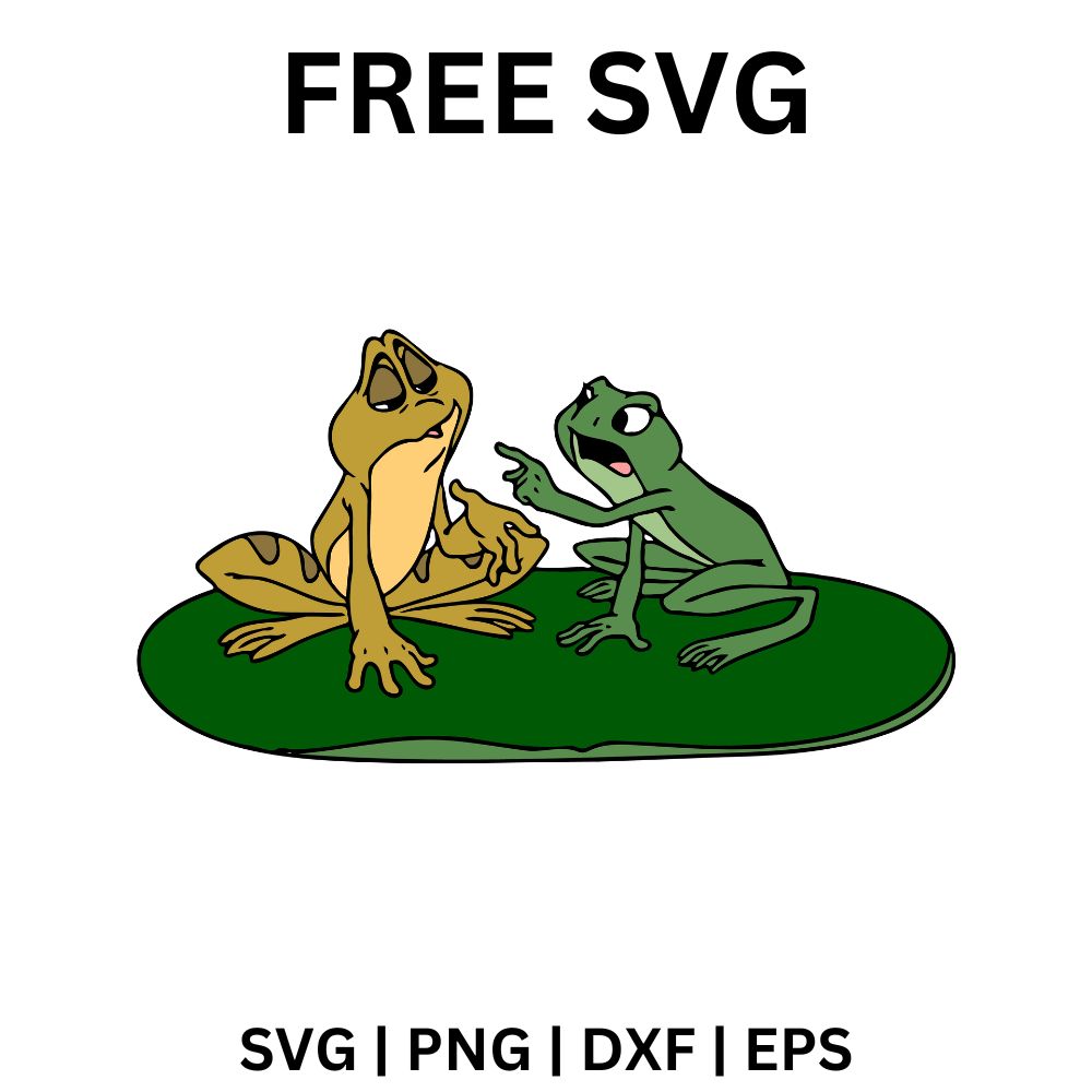Two cartoon frogs sitting on a green lily pad, one pointing and talking while the other looks away, free frog couple SVG cut file preview.