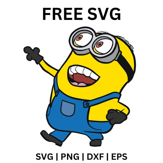 Excited two eyed yellow helper with goggles and blue overalls dancing with one arm raised and a big open grin, free yellow helper SVG cut file preview.