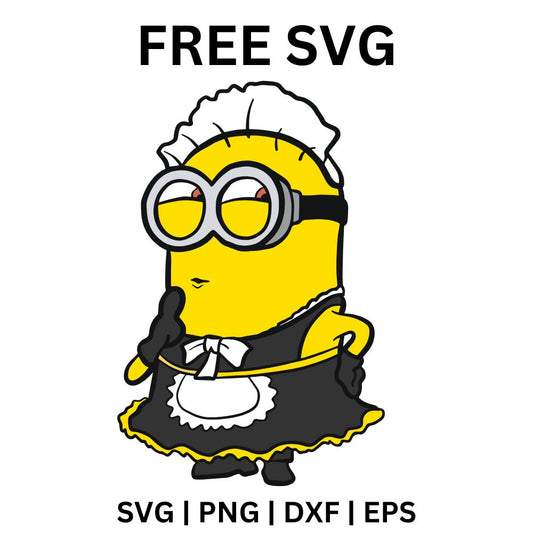 Two eyed yellow helper with goggles dressed in a black and white maid outfit with a frilly apron and headband, free yellow helper SVG cut file preview.