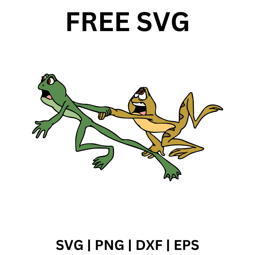 Green frog and tan frog leaping through the air in a panic while holding hands, free cartoon frogs SVG cut file preview.