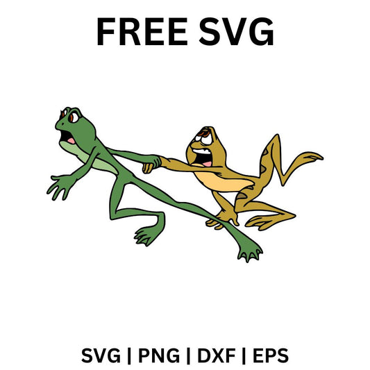 Green frog and tan frog leaping through the air in a panic while holding hands, free cartoon frogs SVG cut file preview.