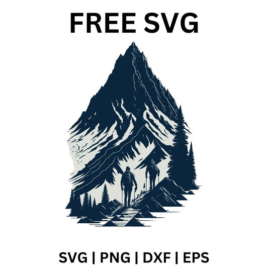Dark navy silhouette of two hikers on a trail below a tall snowy mountain peak framed by pine trees, free mountain hikers SVG cut file preview.