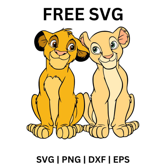 Two smiling cartoon lion cubs, one golden and one cream, sitting side by side with their heads leaning together, free lion cubs SVG cut file preview.