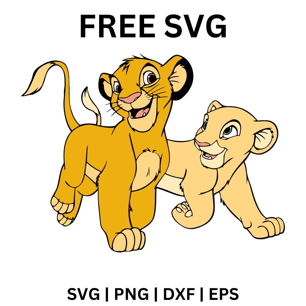 Golden lion cub and cream lion cub walking together playfully with happy open smiles, free lion cub friends SVG cut file preview.